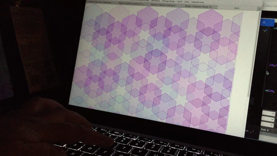 An animated gif of a web browser producing randomized shapes, colors, and patterns of hexagons, based on SVG code.