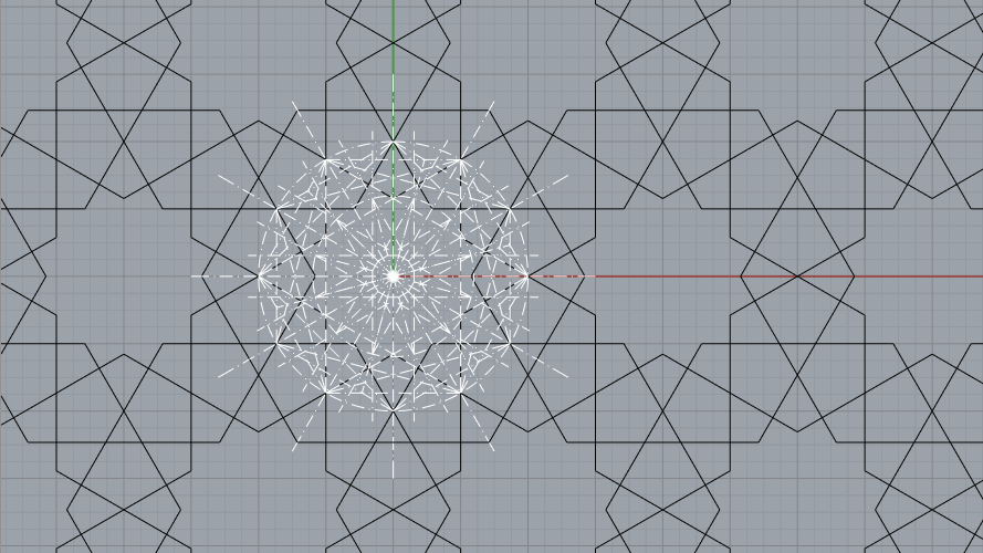 An animated gif of 3D modeling software, showing complex geometric guidelines with a hexagon-based Islamic geometric pattern alternatingly overlaid.